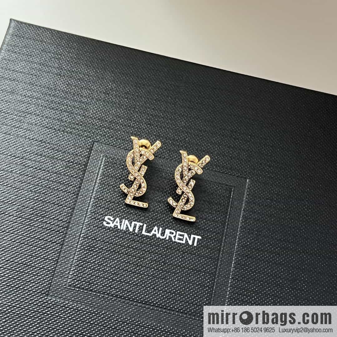 Saint Laurent gold YSL full diamond stud earrings