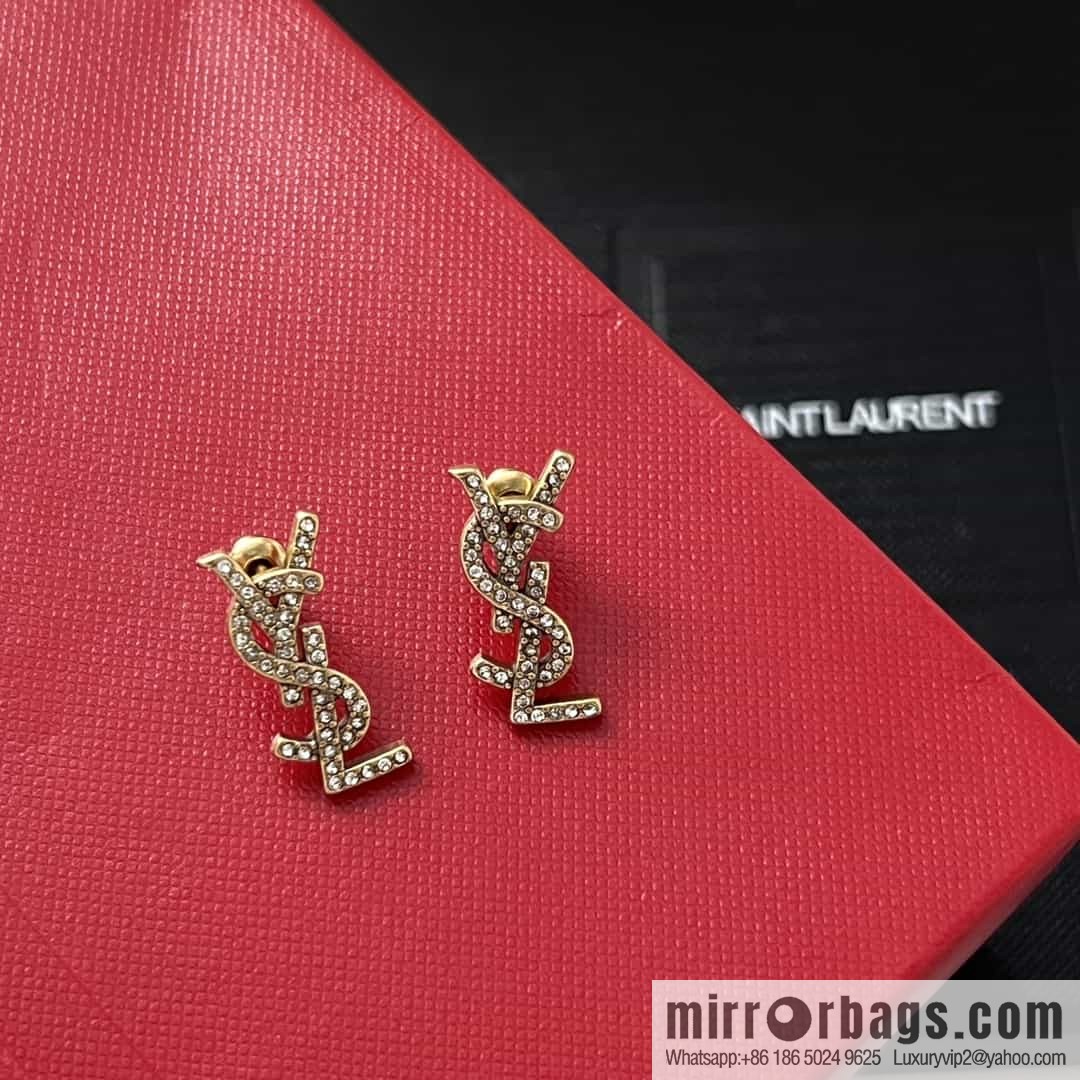 Saint Laurent gold YSL full diamond stud earrings
