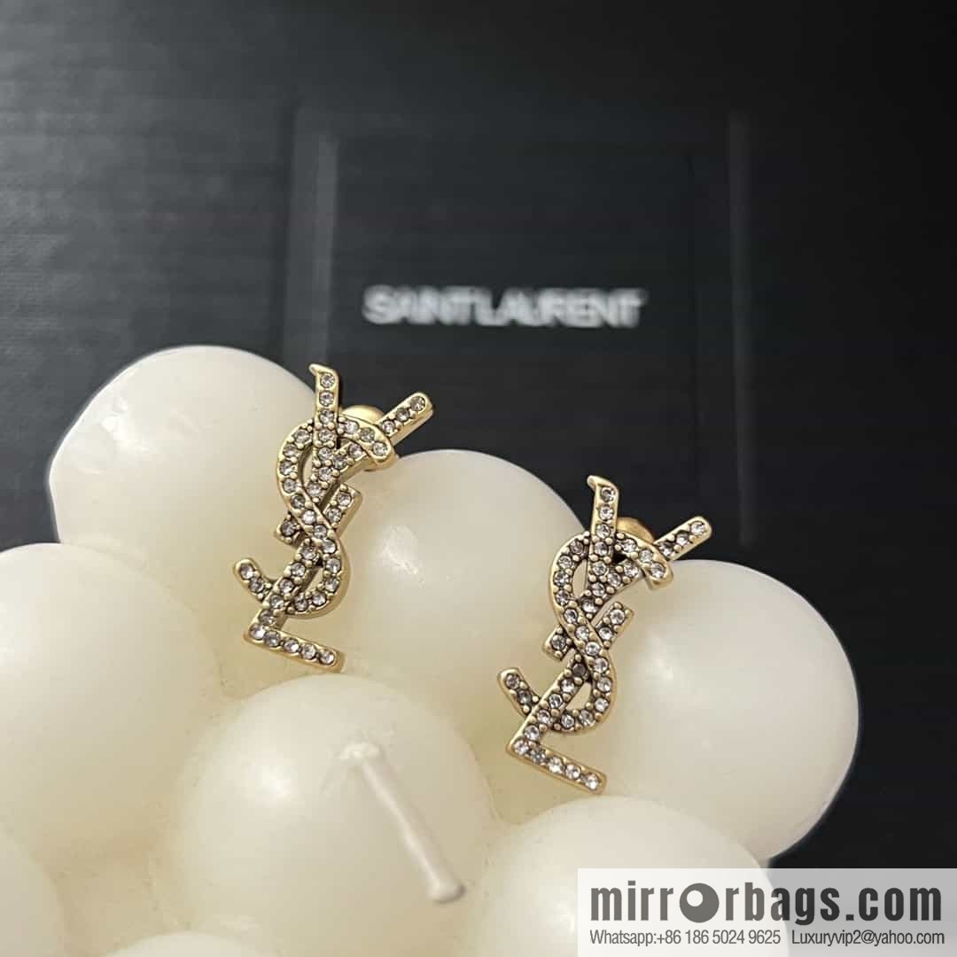 Saint Laurent gold YSL full diamond stud earrings