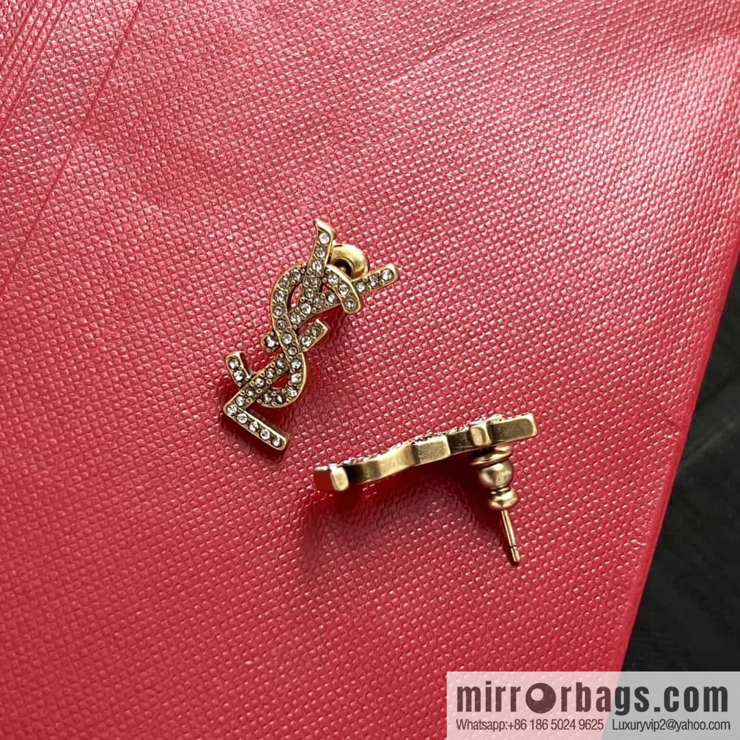 Saint Laurent gold YSL full diamond stud earrings