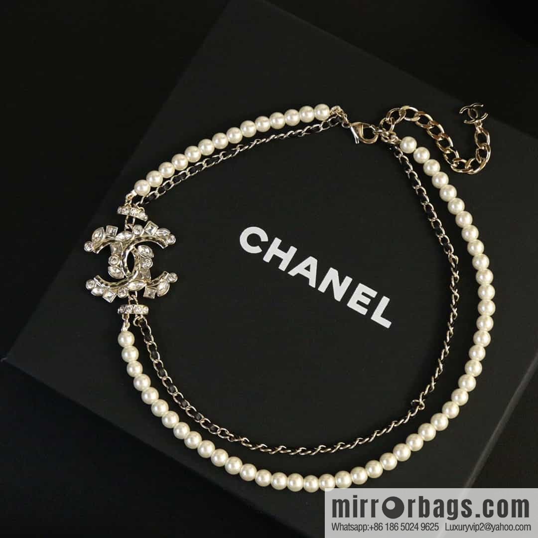New ☑️ Chanel double c full diamond double layer pearl black leather rope necklace