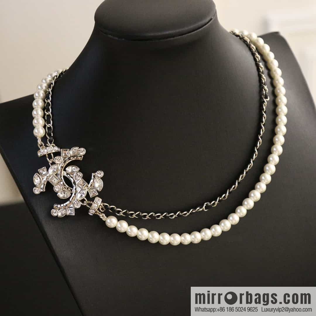 New ☑️ Chanel double c full diamond double layer pearl black leather rope necklace