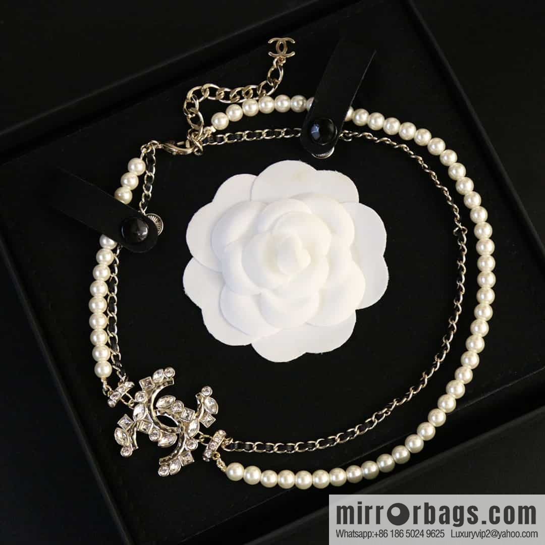 New ☑️ Chanel double c full diamond double layer pearl black leather rope necklace