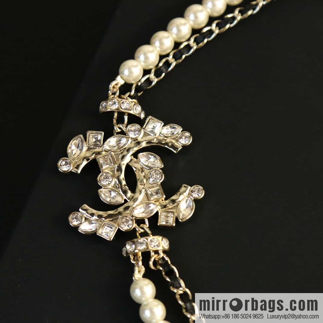 New ☑️ Chanel double c full diamond double layer pearl black leather rope necklace