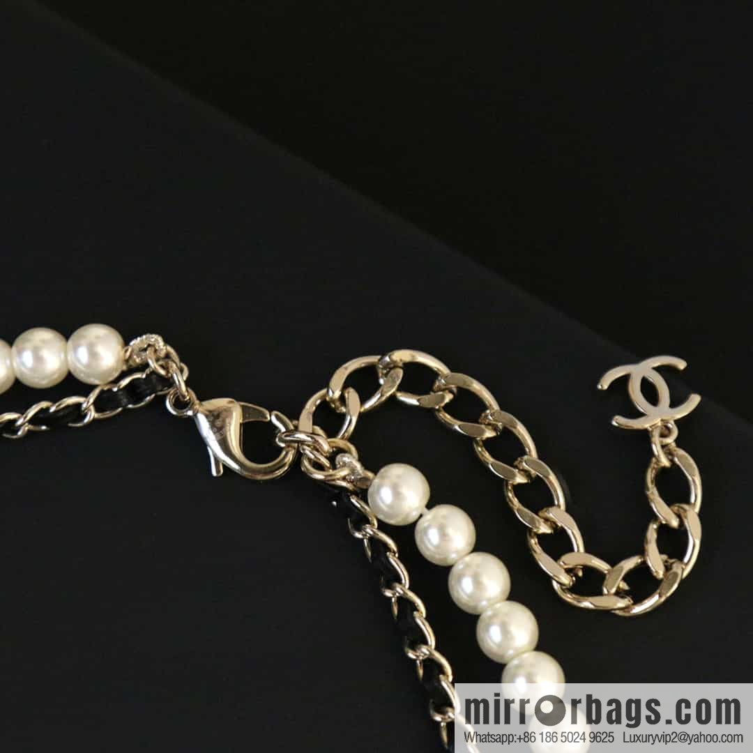 New ☑️ Chanel double c full diamond double layer pearl black leather rope necklace