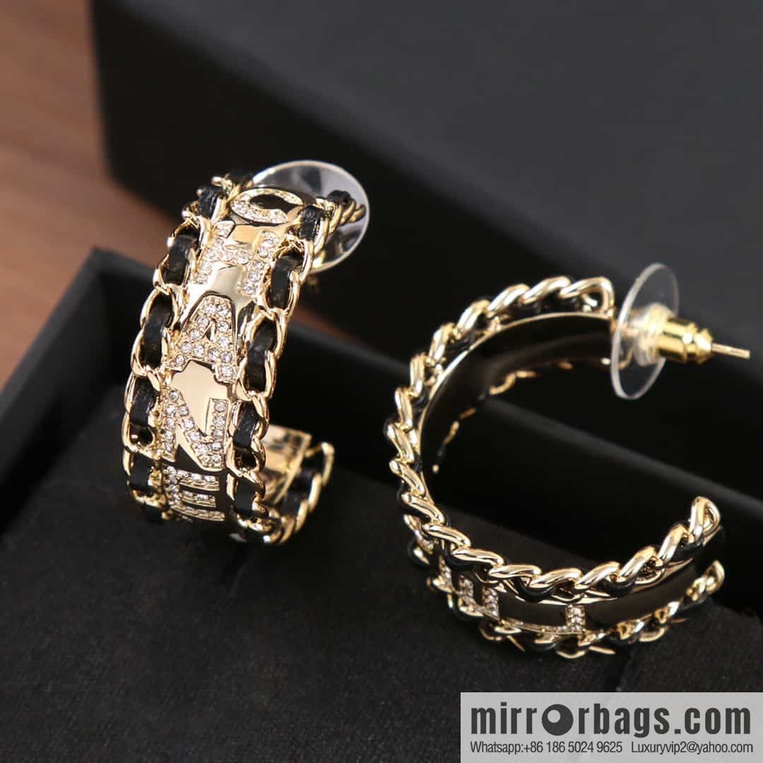 New ☑️ Chanel c1 double c semi-round black leather rope full of diamond letter stud earrings