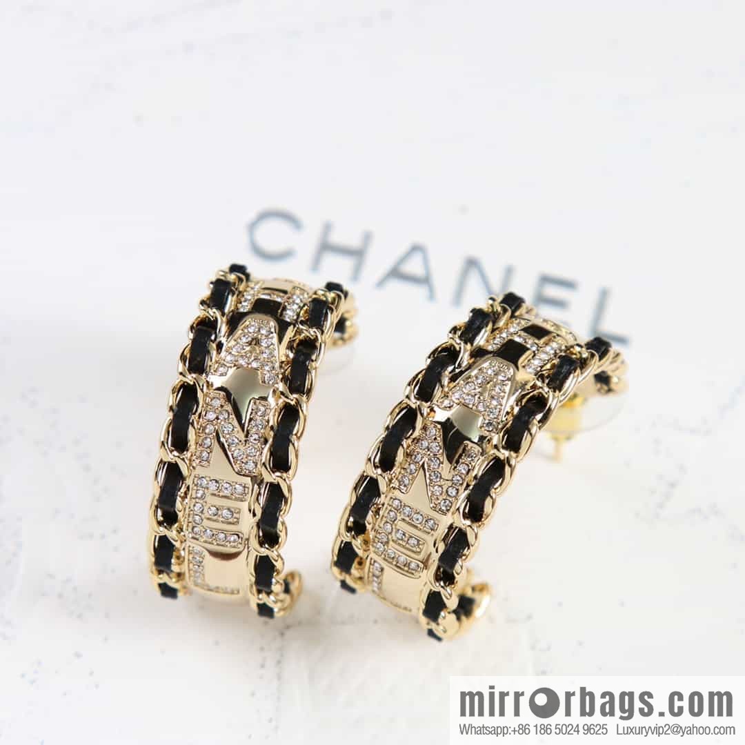 New ☑️ Chanel c1 double c semi-round black leather rope full of diamond letter stud earrings