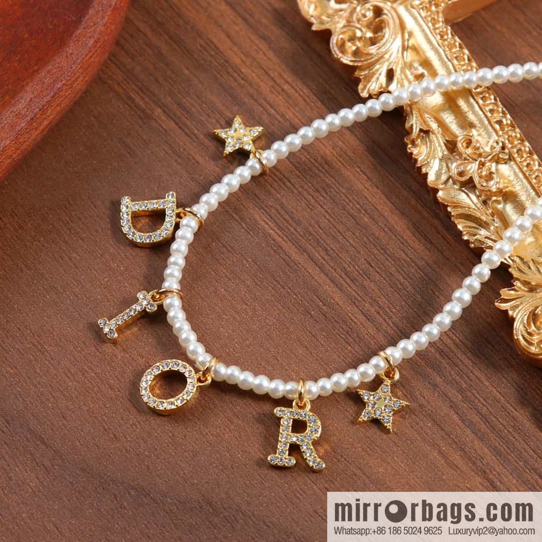 New ☑️ Dior full diamond letter fringed pearl necklace
