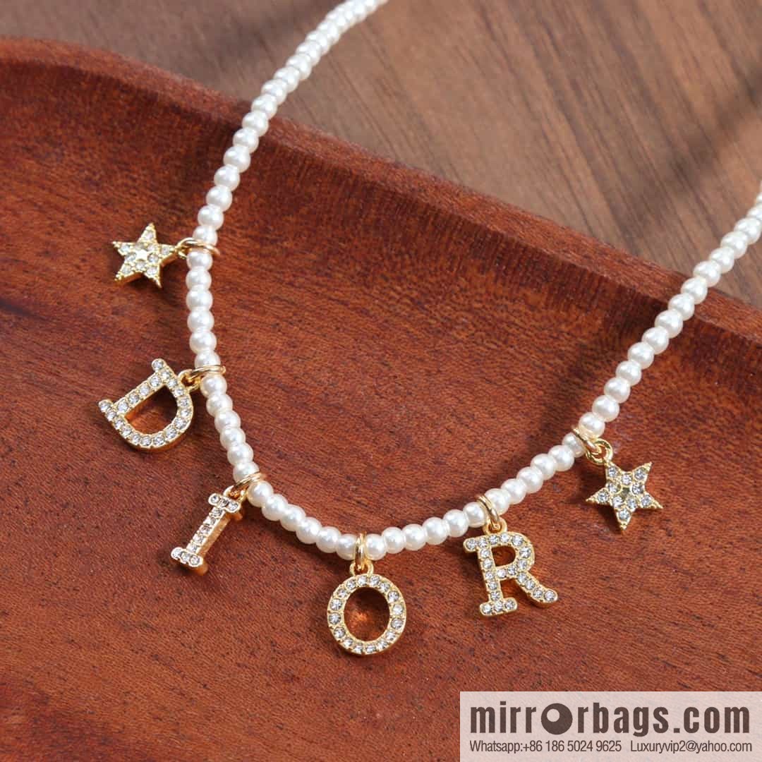 New ☑️ Dior full diamond letter fringed pearl necklace