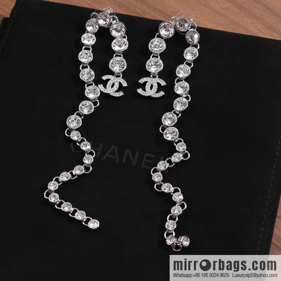 New ☑️ Chanel double c silver round diamond tassel long stud earrings