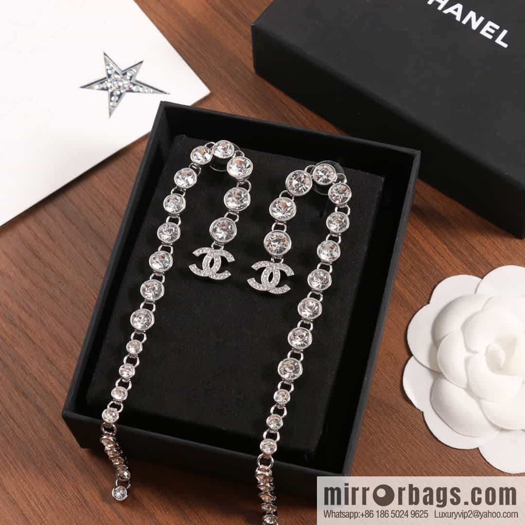New ☑️ Chanel double c silver round diamond tassel long stud earrings