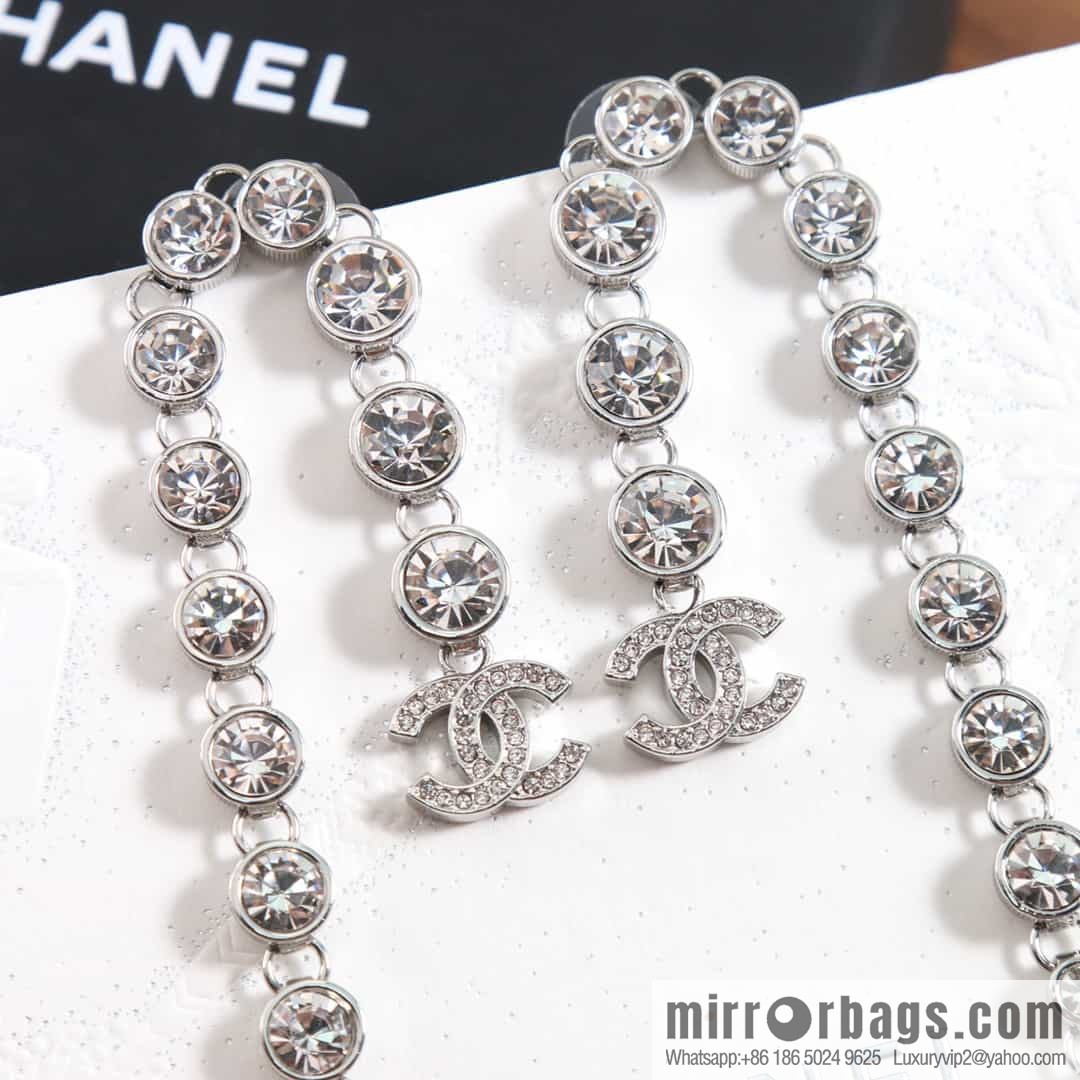 New ☑️ Chanel double c silver round diamond tassel long stud earrings