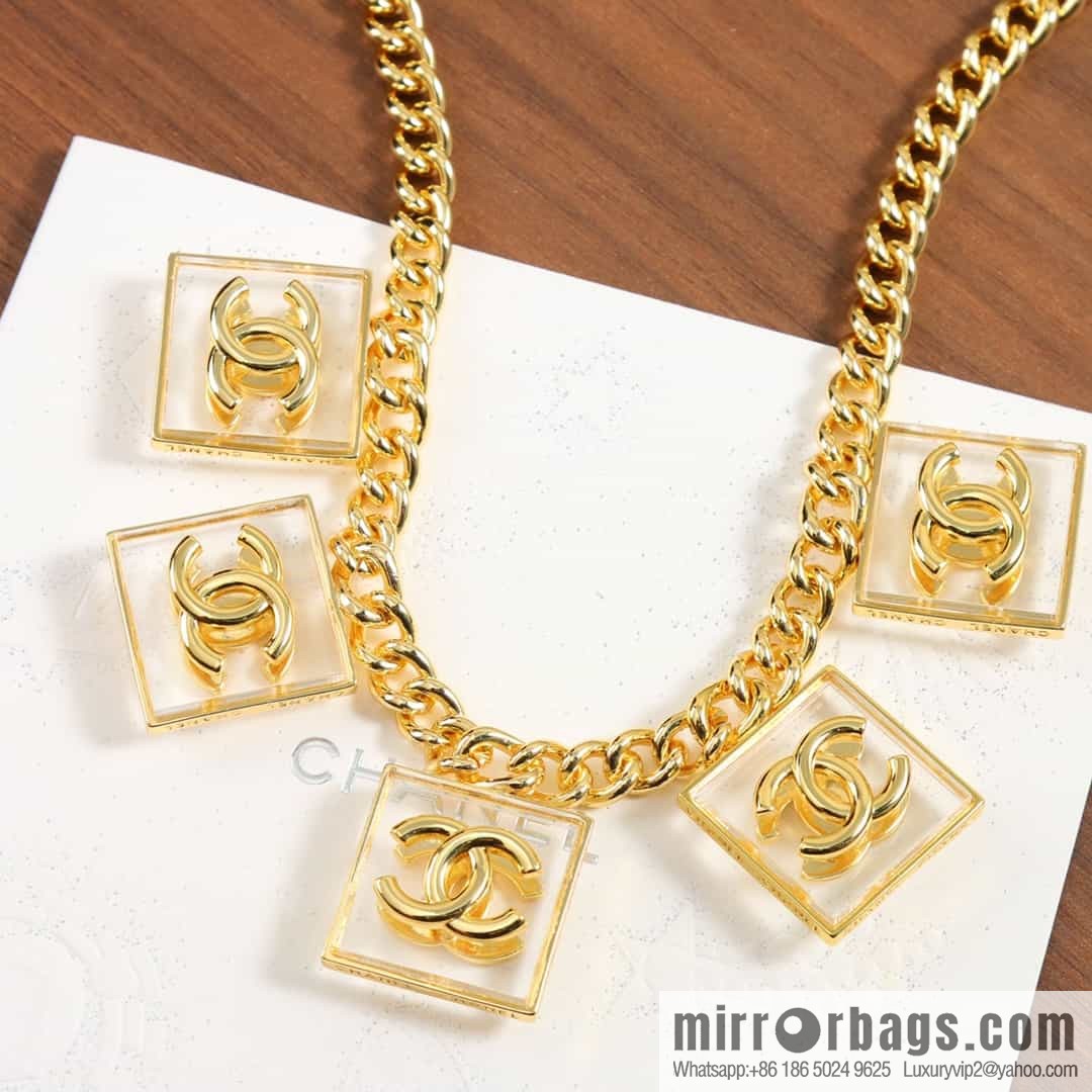 New ☑️ Chanel Double C Square Acrylic Gold Necklace Necklace