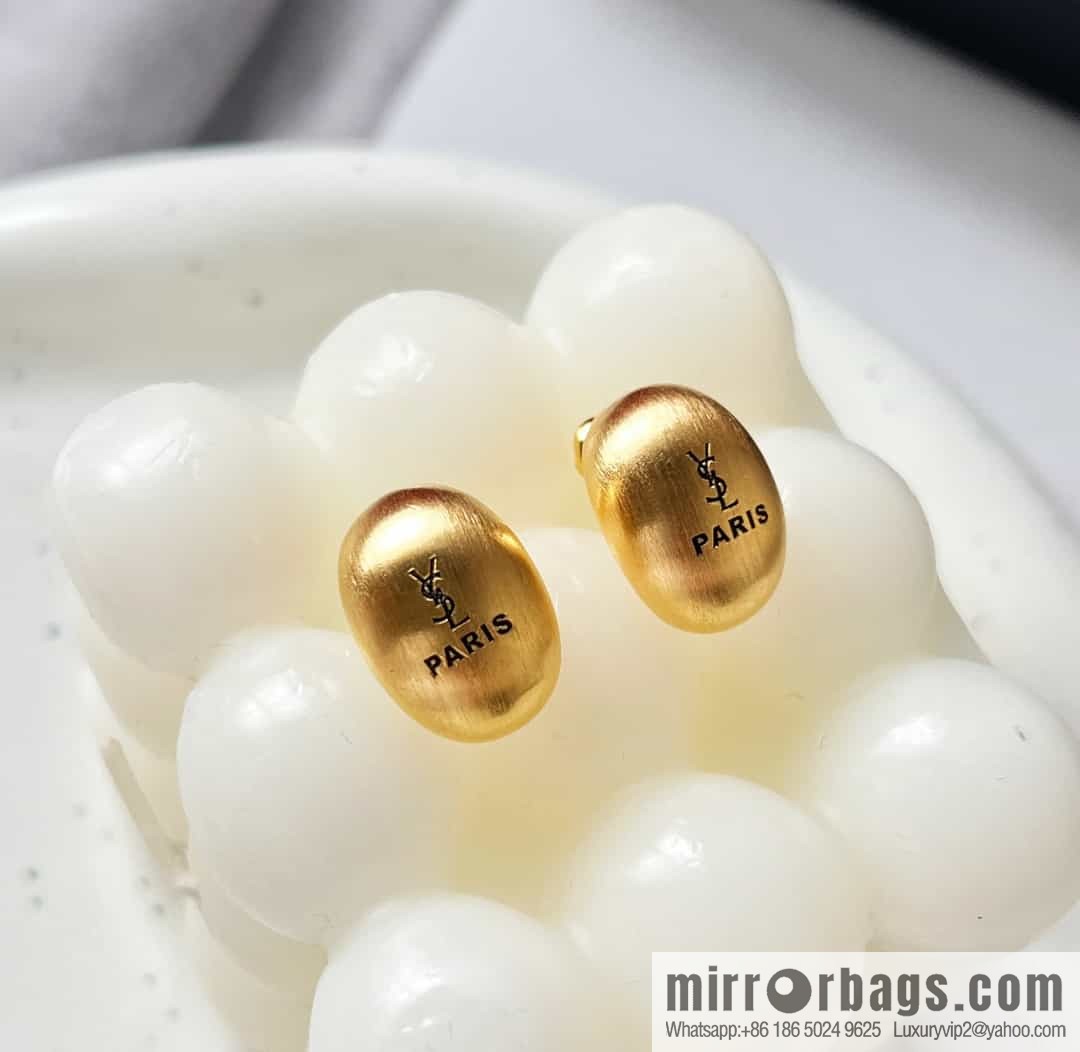 Saint Laurent Silver YSL Brushed Oval Stud Earrings