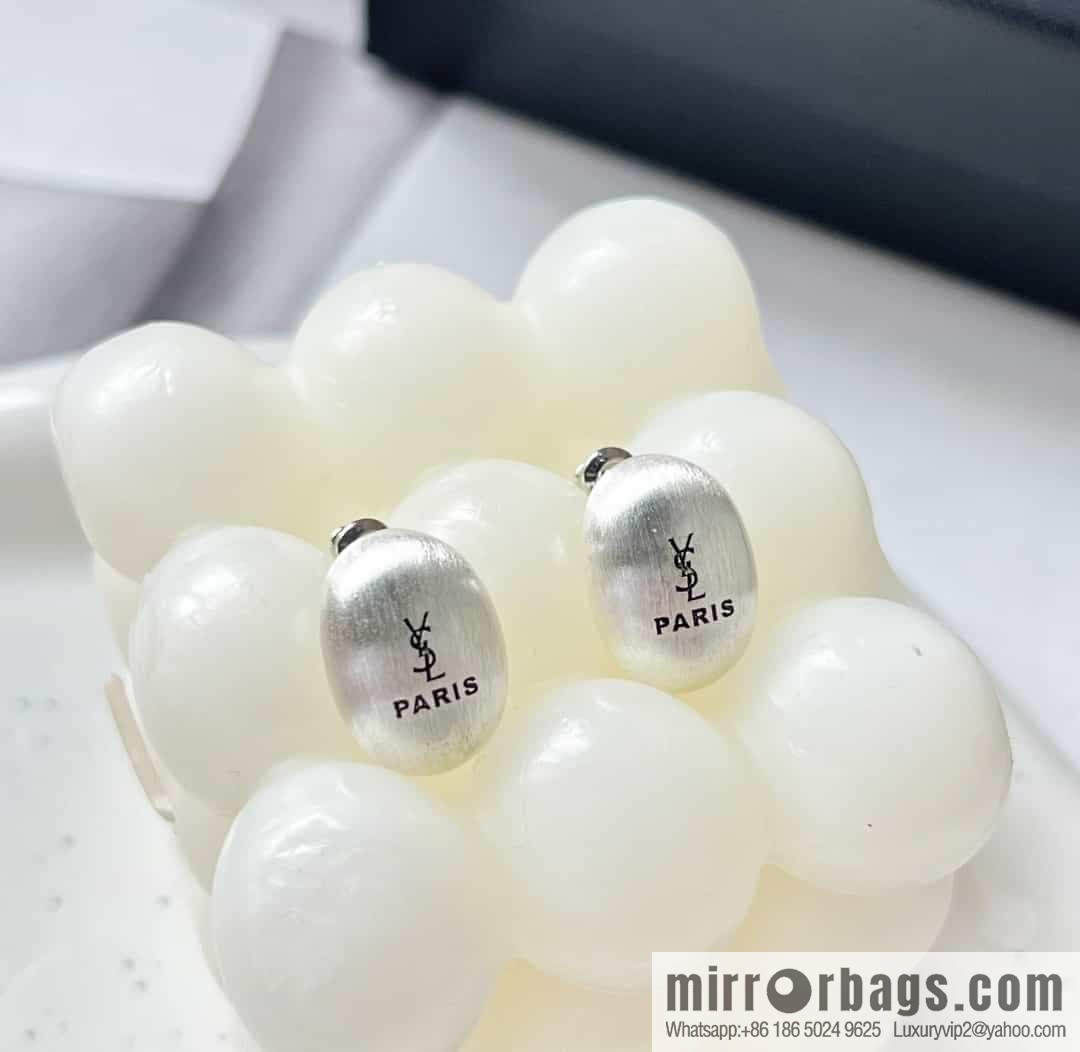 Saint Laurent Silver YSL Brushed Oval Stud Earrings