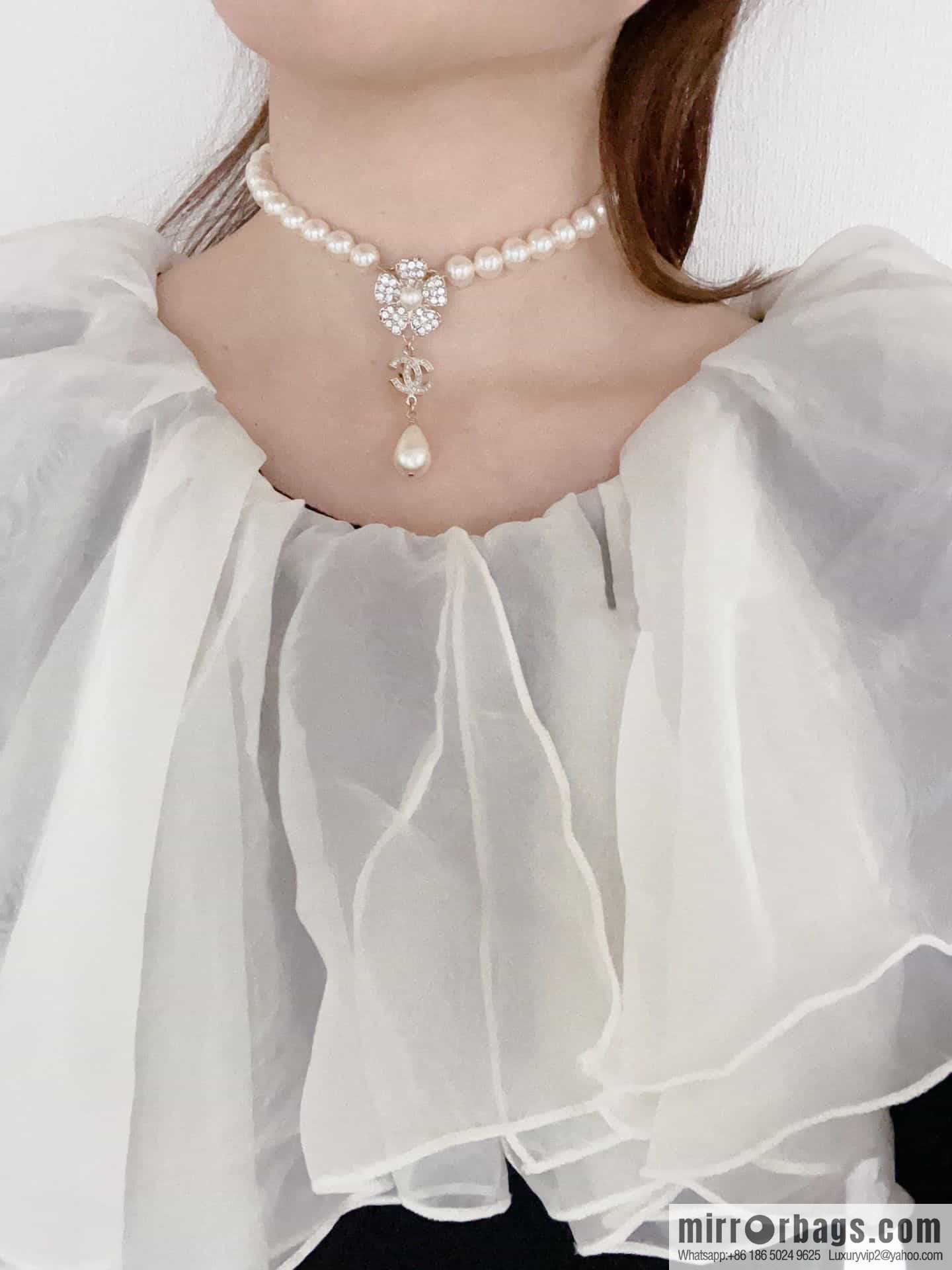 New ☑️ Chanel Full Diamond Double C Flower Pearl Necklace