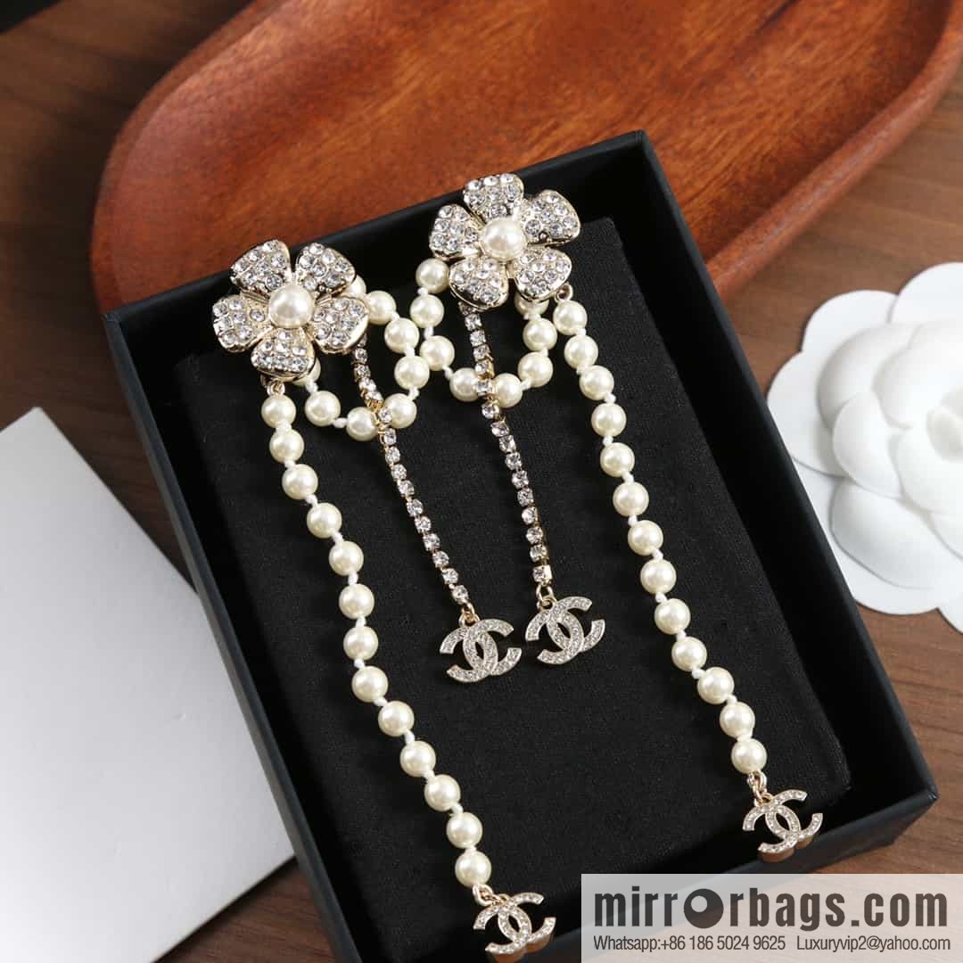 New ☑️ chanel c2 double c flower pearl fringed stud earrings