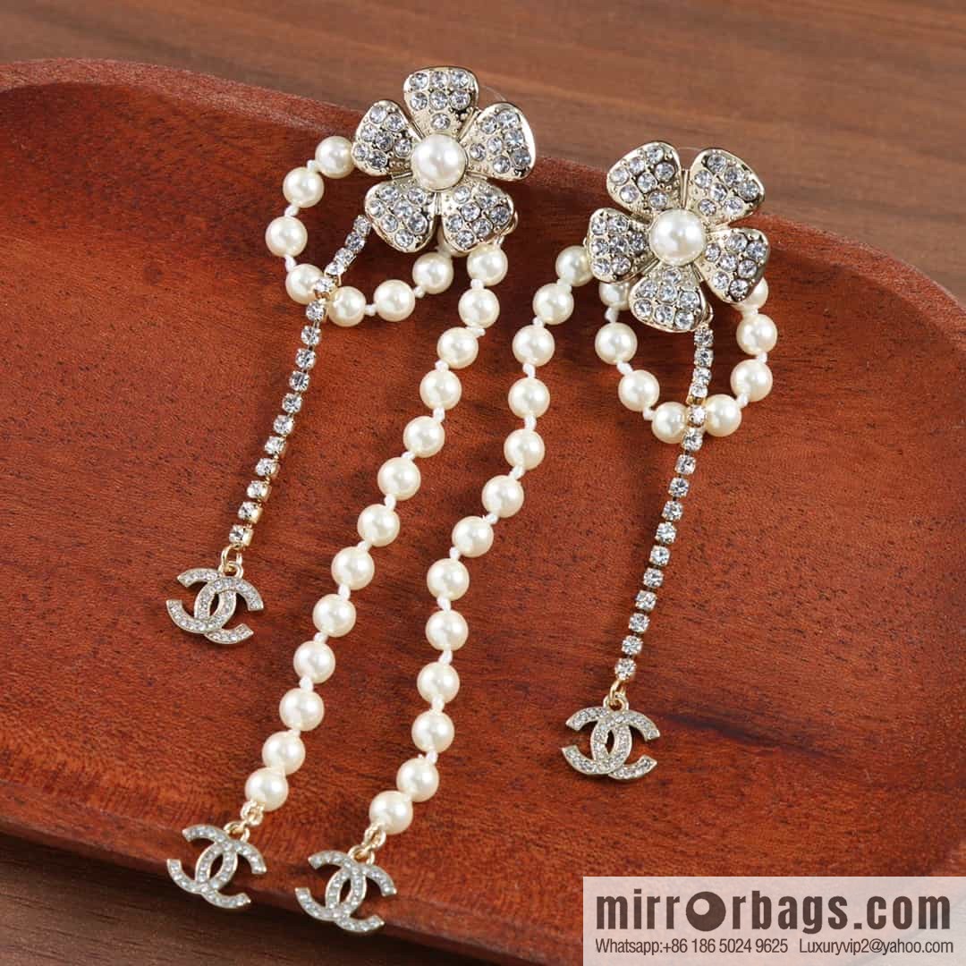 New ☑️ chanel c2 double c flower pearl fringed stud earrings
