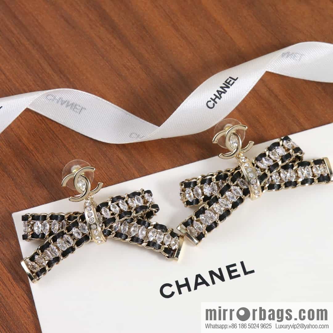New ☑️ Chanel double c black leather rope bow stud earrings
