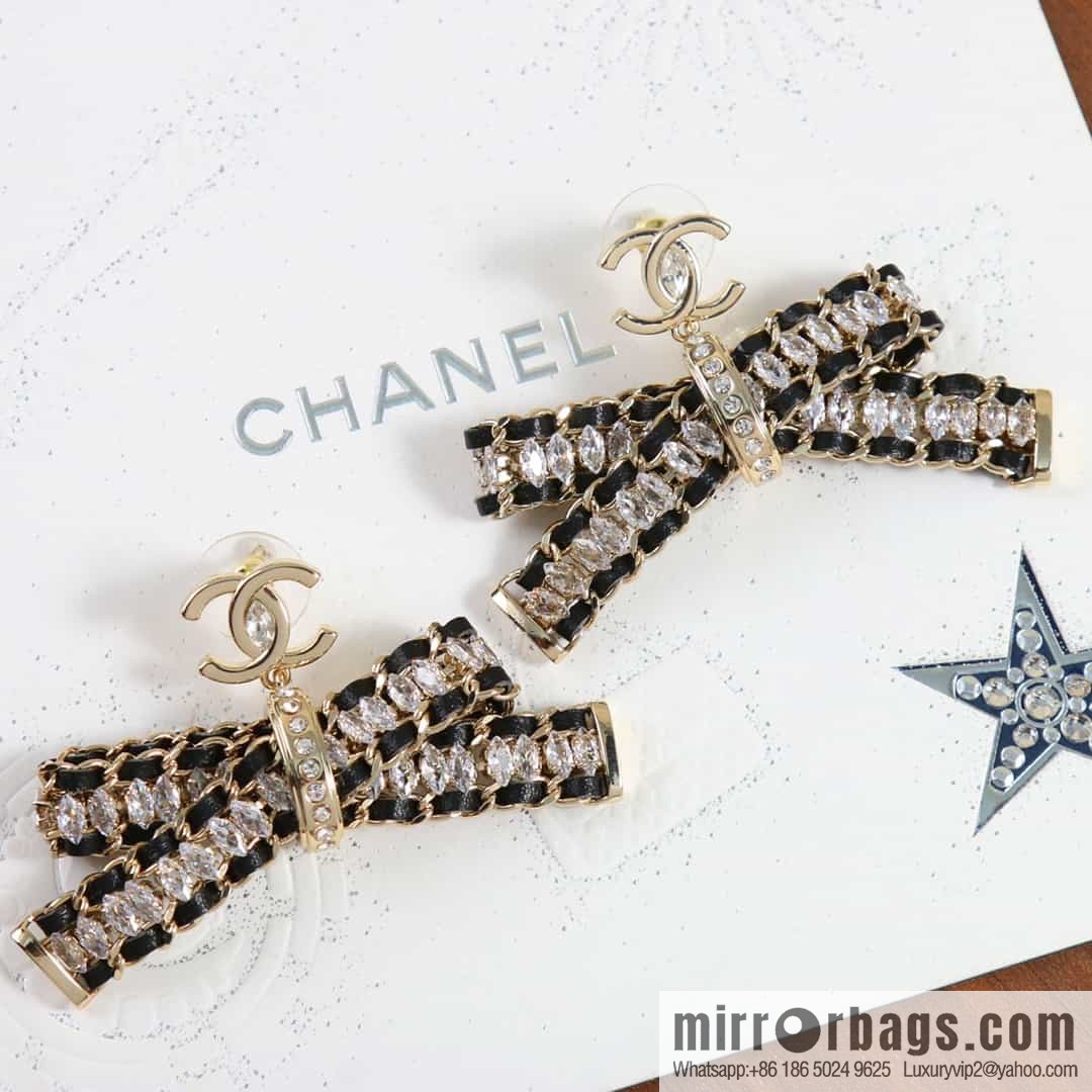 New ☑️ Chanel double c black leather rope bow stud earrings