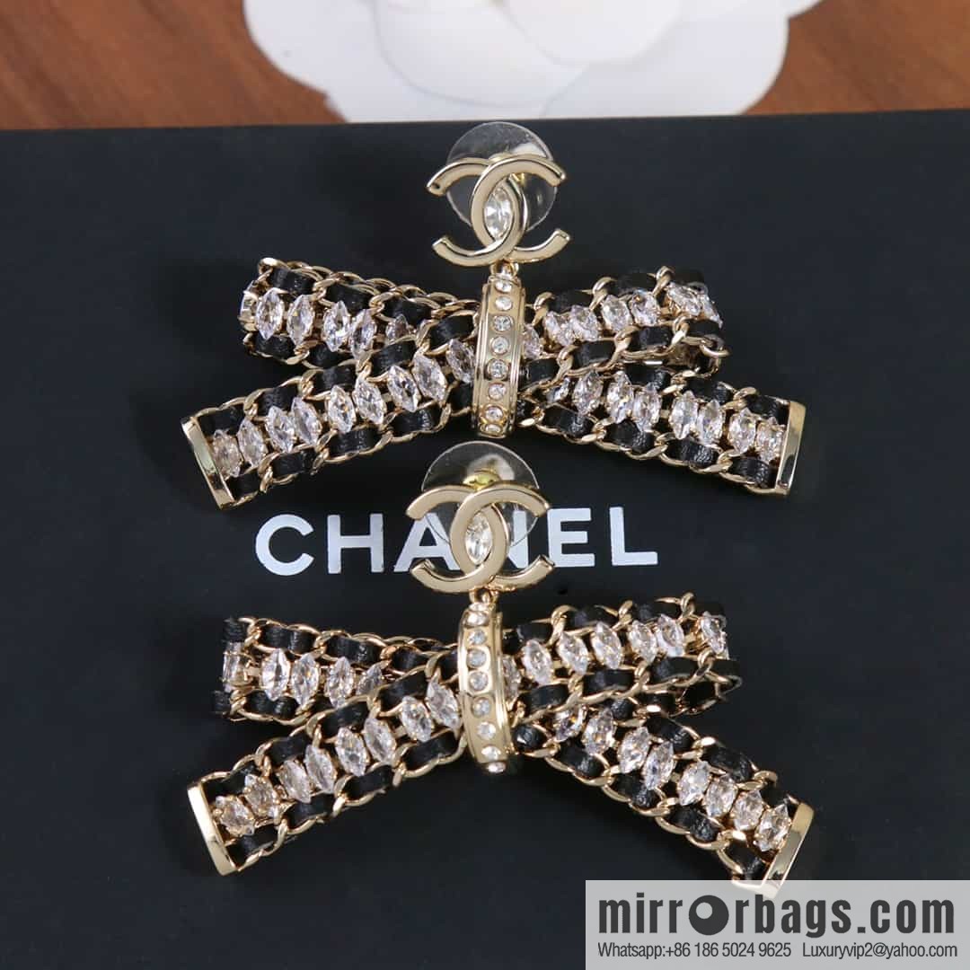 New ☑️ Chanel double c black leather rope bow stud earrings