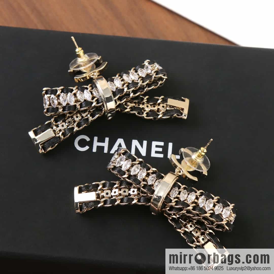 New ☑️ Chanel double c black leather rope bow stud earrings
