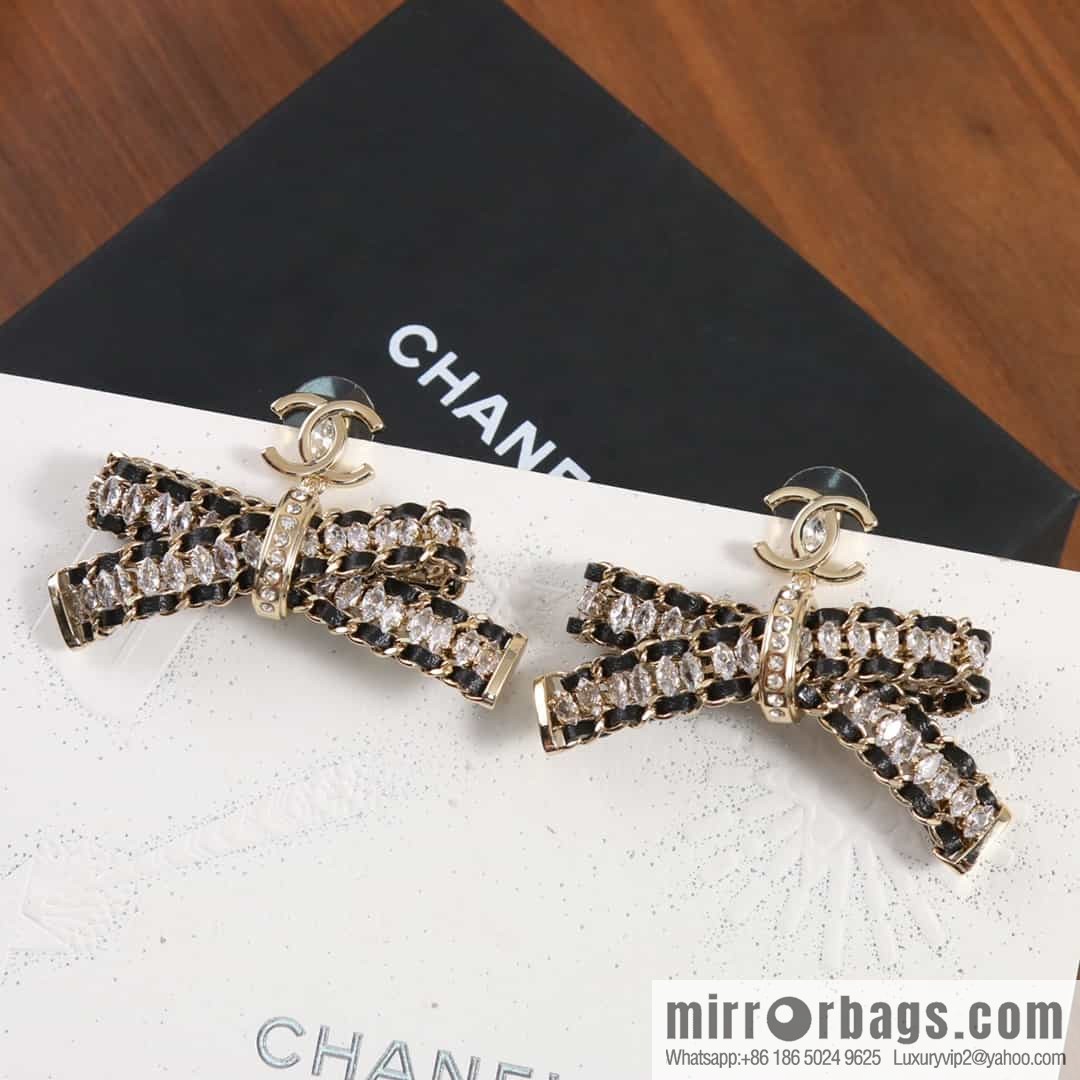 New ☑️ Chanel double c black leather rope bow stud earrings