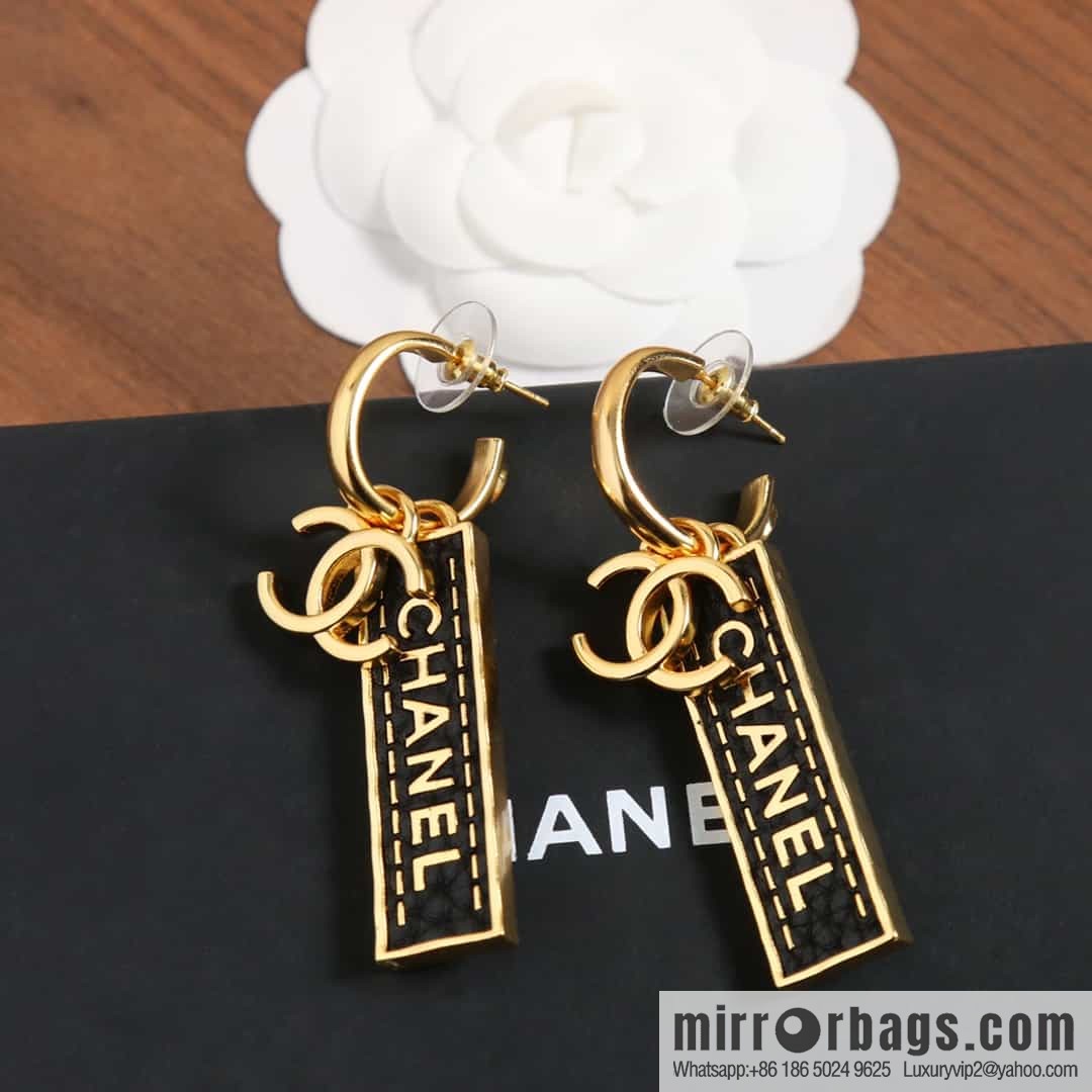 New ☑️ chanel c2 double c black strip leather earrings