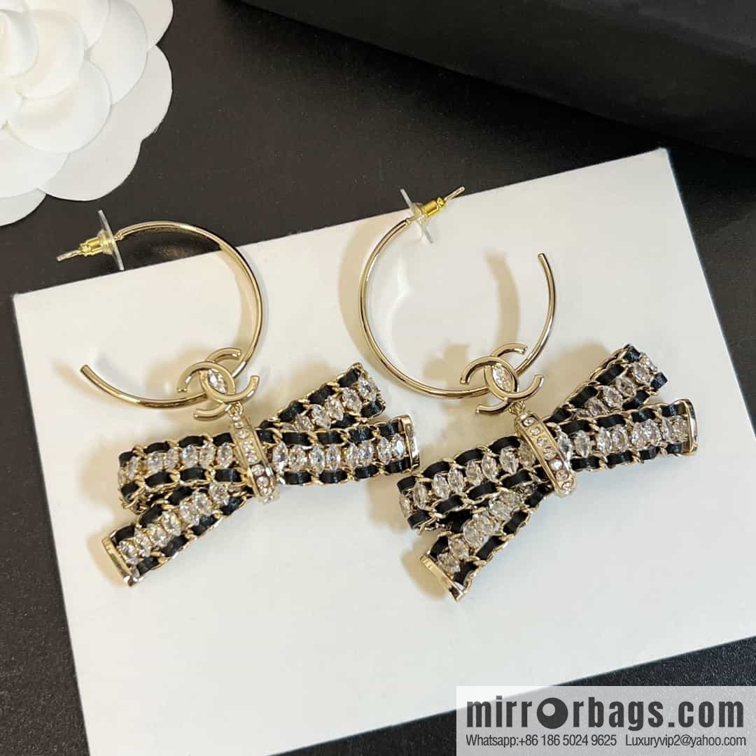 New ☑️ Chanel c2 double c black leather rope bow stud earrings