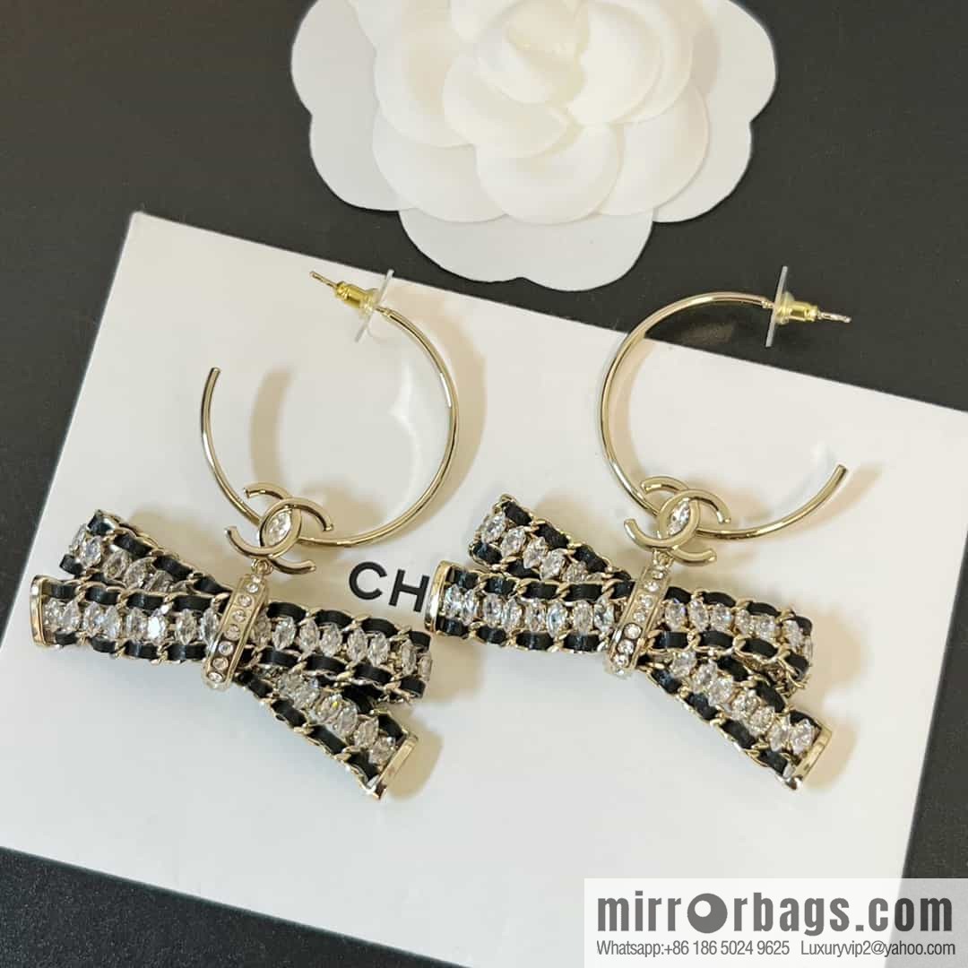 New ☑️ Chanel c2 double c black leather rope bow stud earrings
