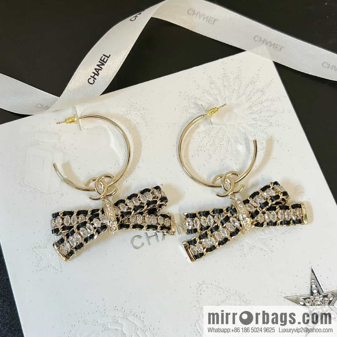 New ☑️ Chanel c2 double c black leather rope bow stud earrings