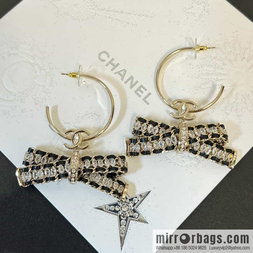 New ☑️ Chanel c2 double c black leather rope bow stud earrings