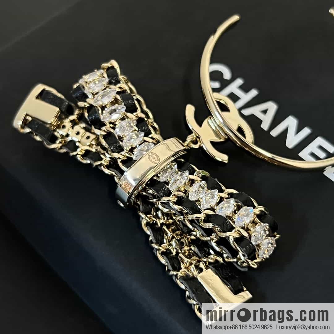New ☑️ Chanel c2 double c black leather rope bow stud earrings