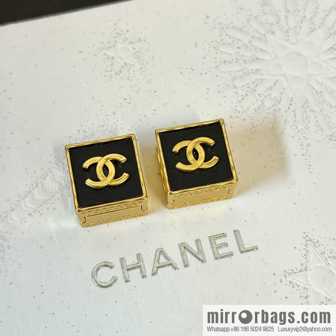 New ☑️ Chanel c1 double c square black leather stud earrings
