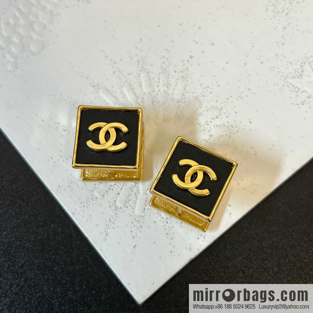 New ☑️ Chanel c1 double c square black leather stud earrings