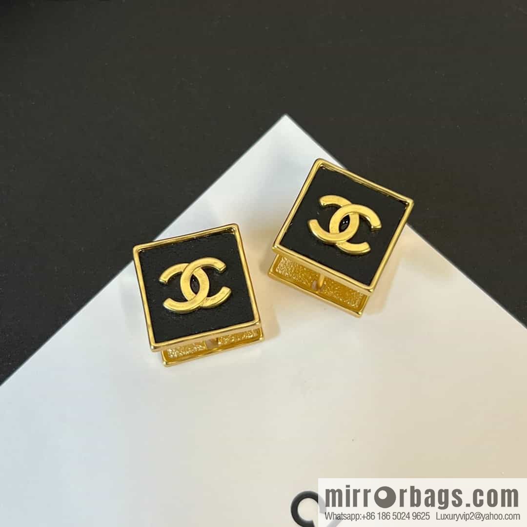 New ☑️ Chanel c1 double c square black leather stud earrings