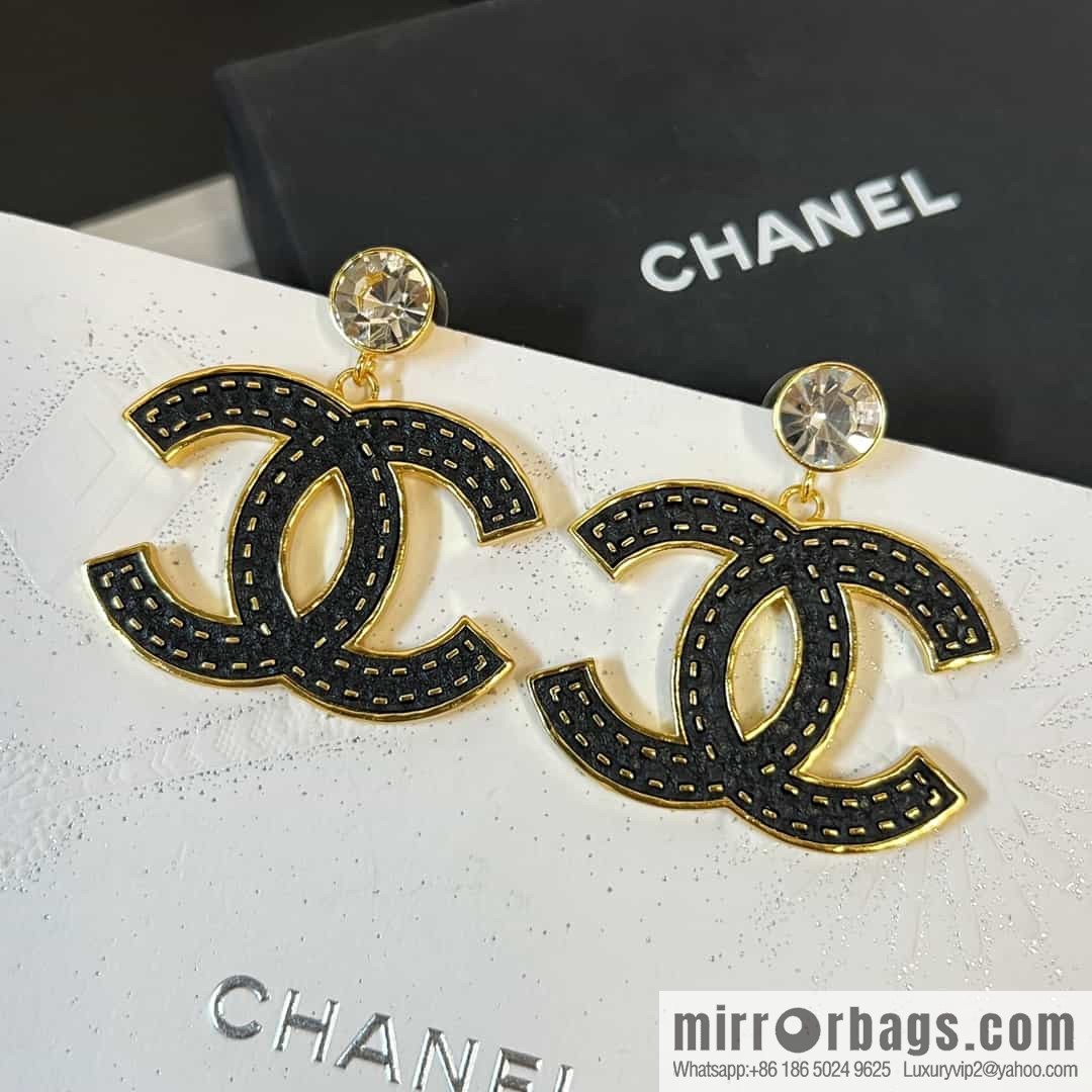 New ☑️ Chanel c2 double c black leather round diamond stud earrings