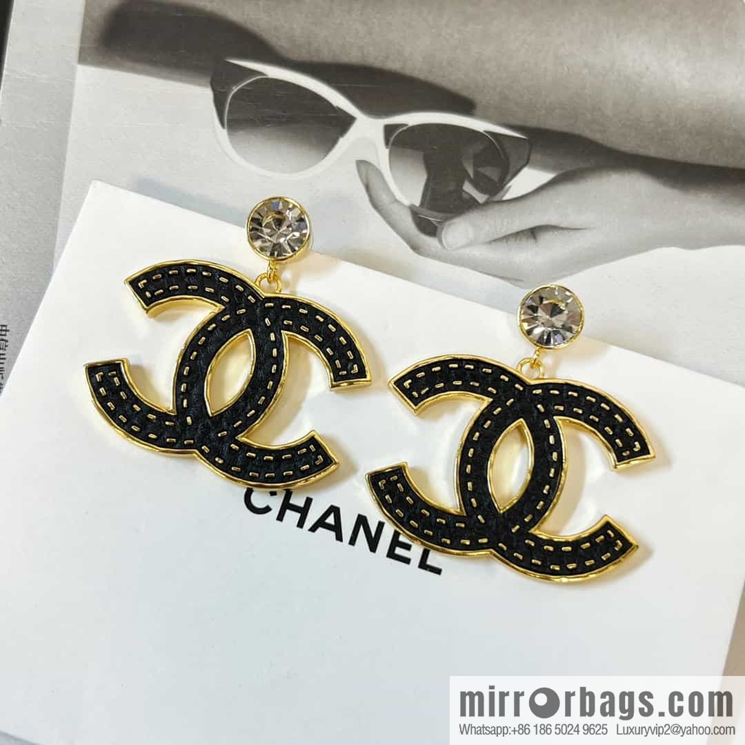 New ☑️ Chanel c2 double c black leather round diamond stud earrings