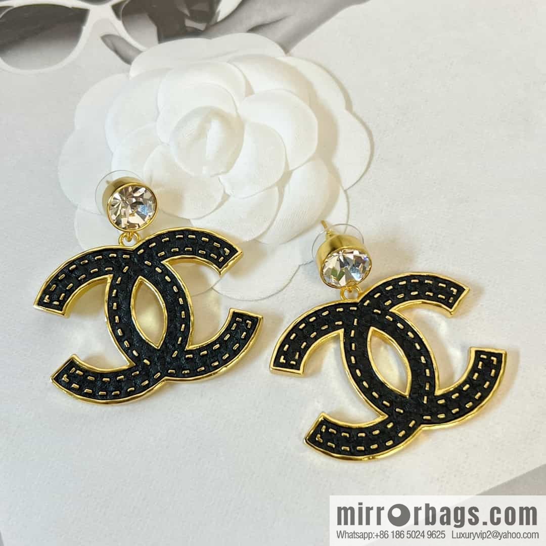 New ☑️ Chanel c2 double c black leather round diamond stud earrings