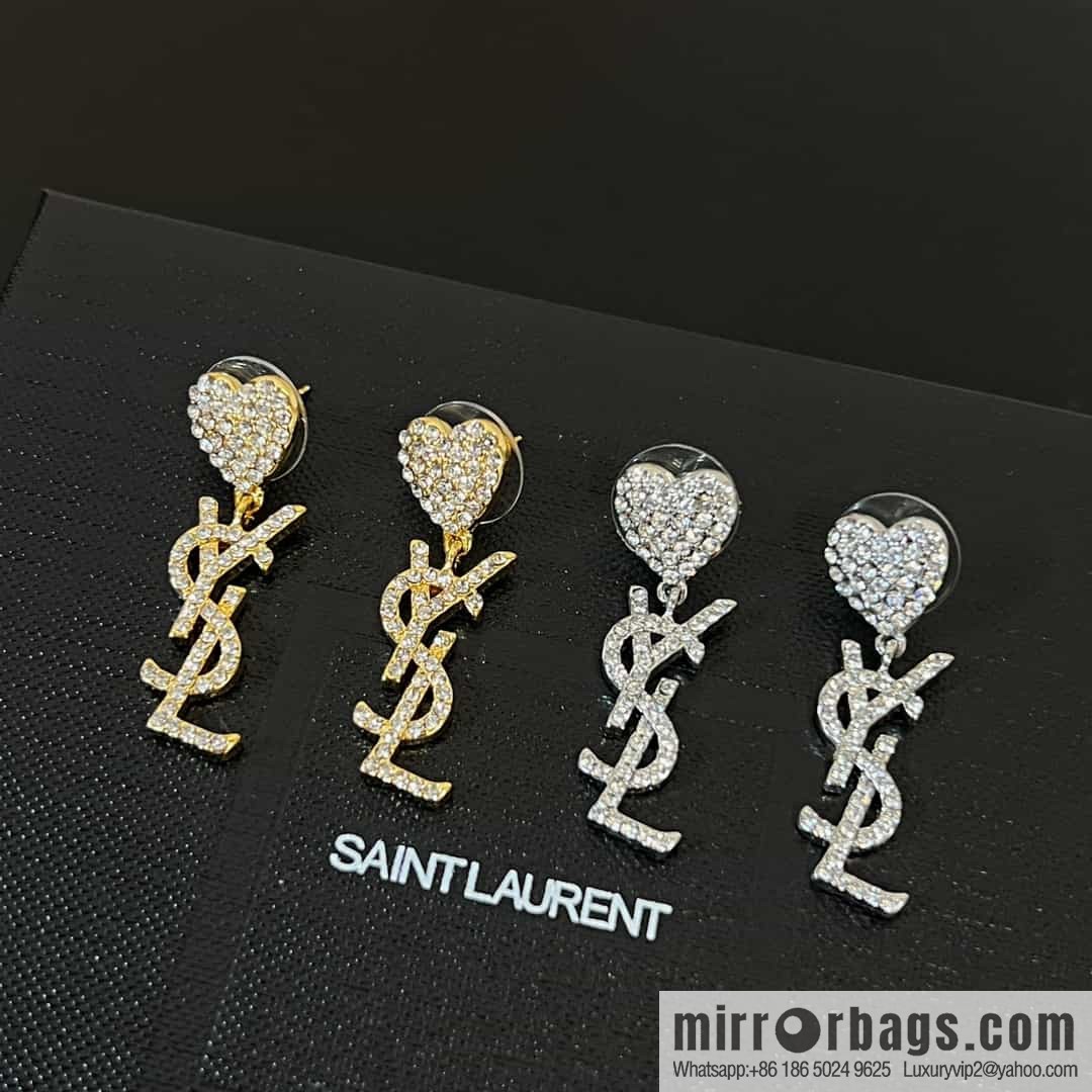 Saint Laurent YSL Love Peach Heart Full Diamond Stud Earrings