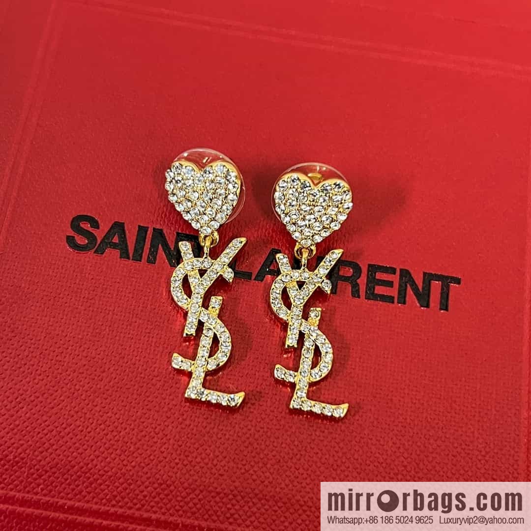 Saint Laurent YSL Love Peach Heart Full Diamond Stud Earrings