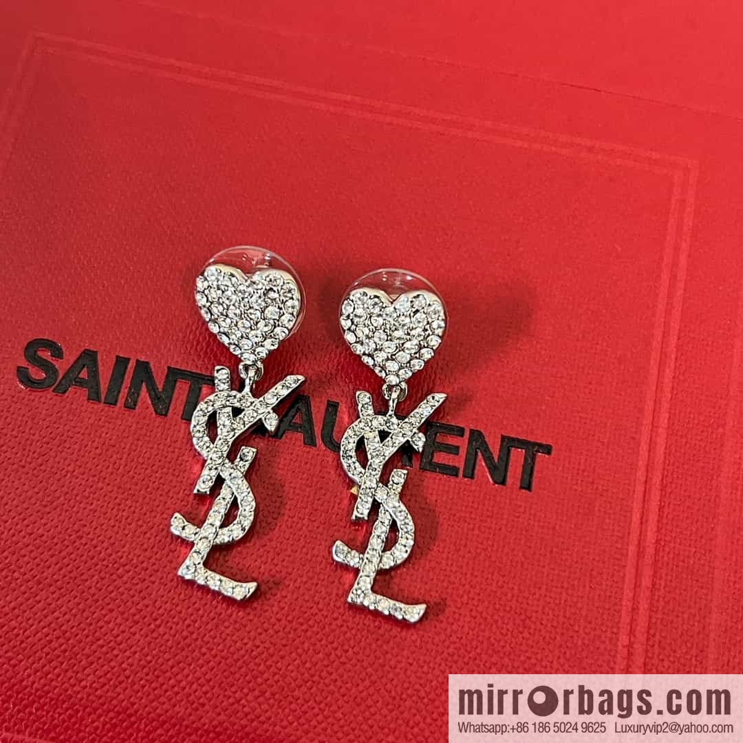 Saint Laurent YSL Love Peach Heart Full Diamond Stud Earrings