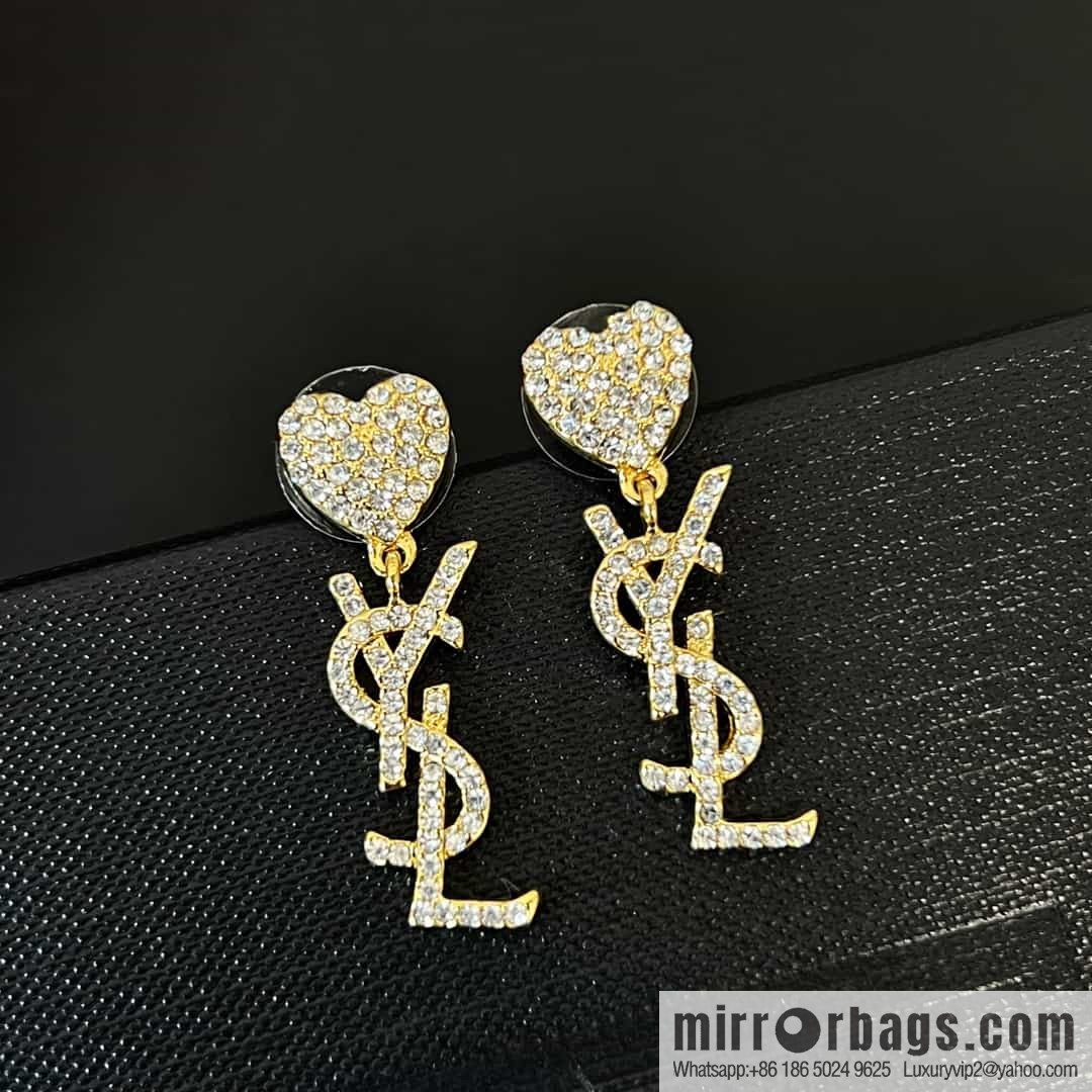 Saint Laurent YSL Love Peach Heart Full Diamond Stud Earrings