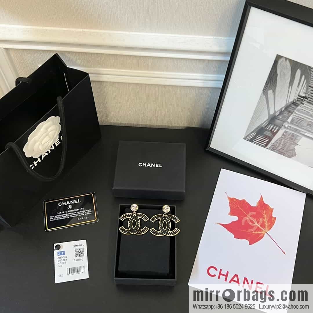 New ☑️ Chanel c2 double c black leather round diamond stud earrings