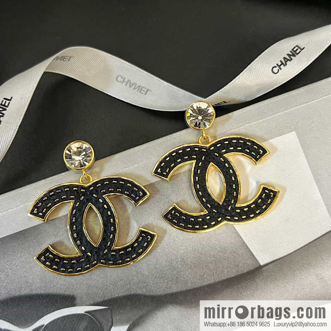New ☑️ Chanel c2 double c black leather round diamond stud earrings