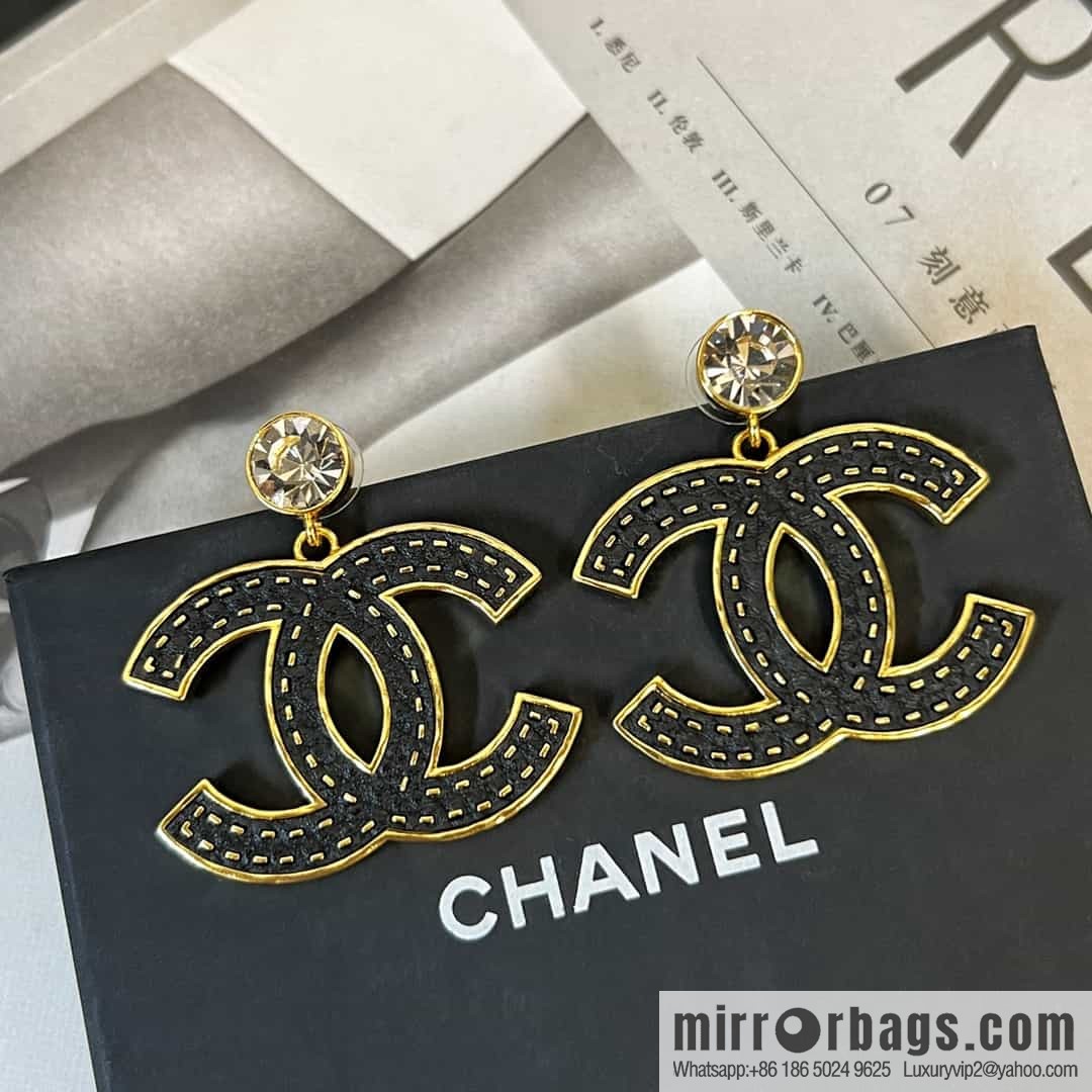 New ☑️ Chanel c2 double c black leather round diamond stud earrings