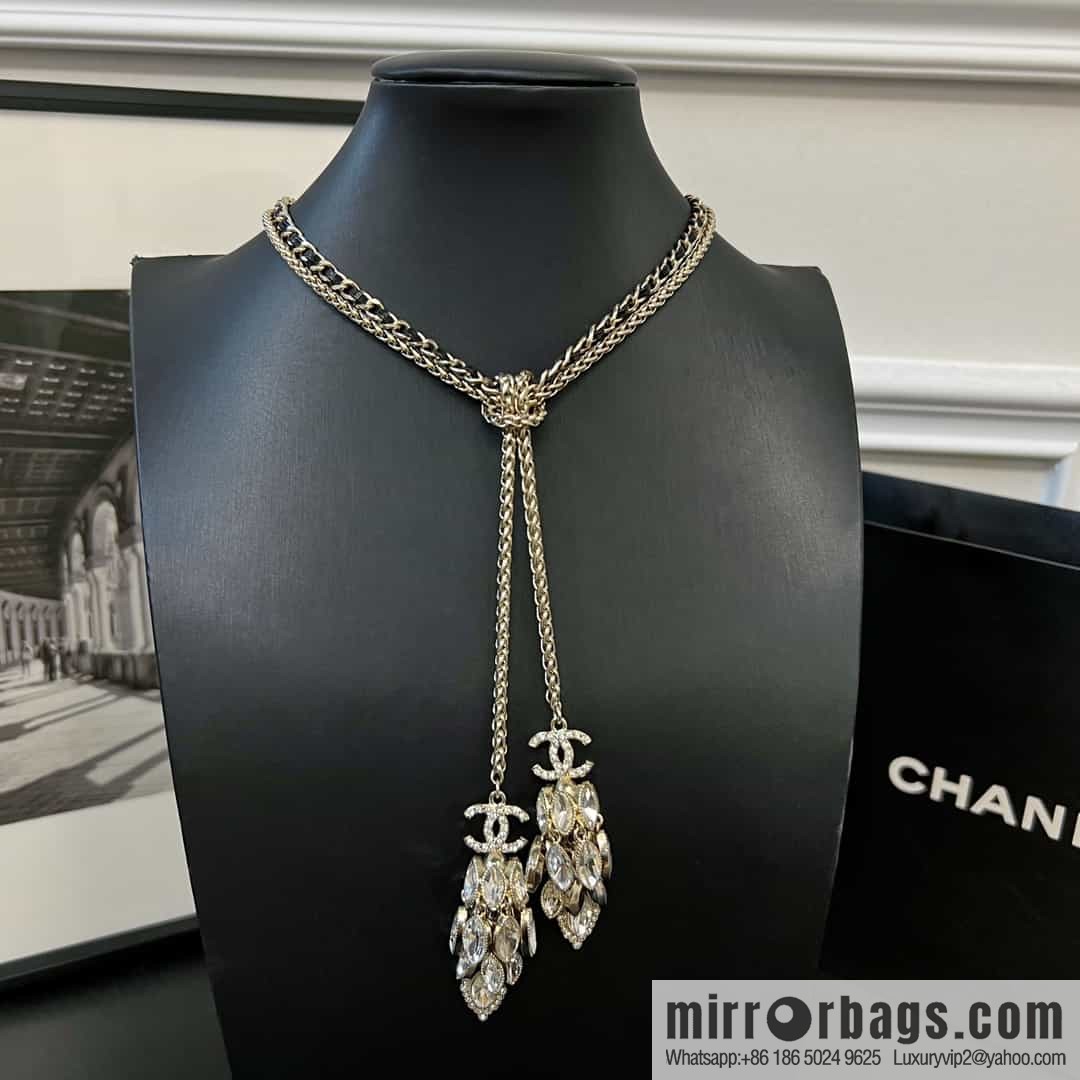 New ☑️ Chanel double c horse eye fringed black leather rope necklace