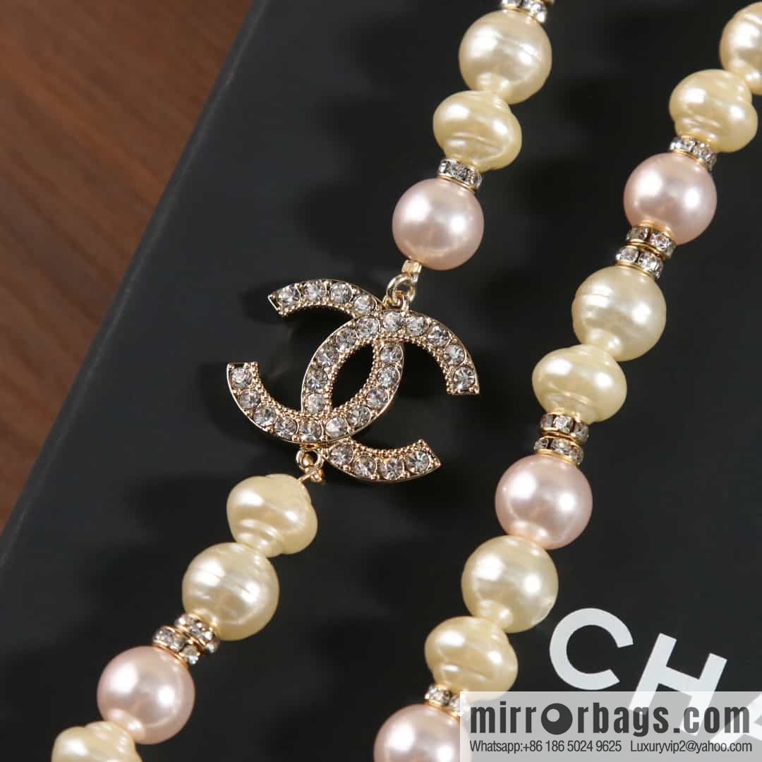 New ☑️ Chanel Full Diamond Double C Natural Pearl Necklace Sweater Chain
