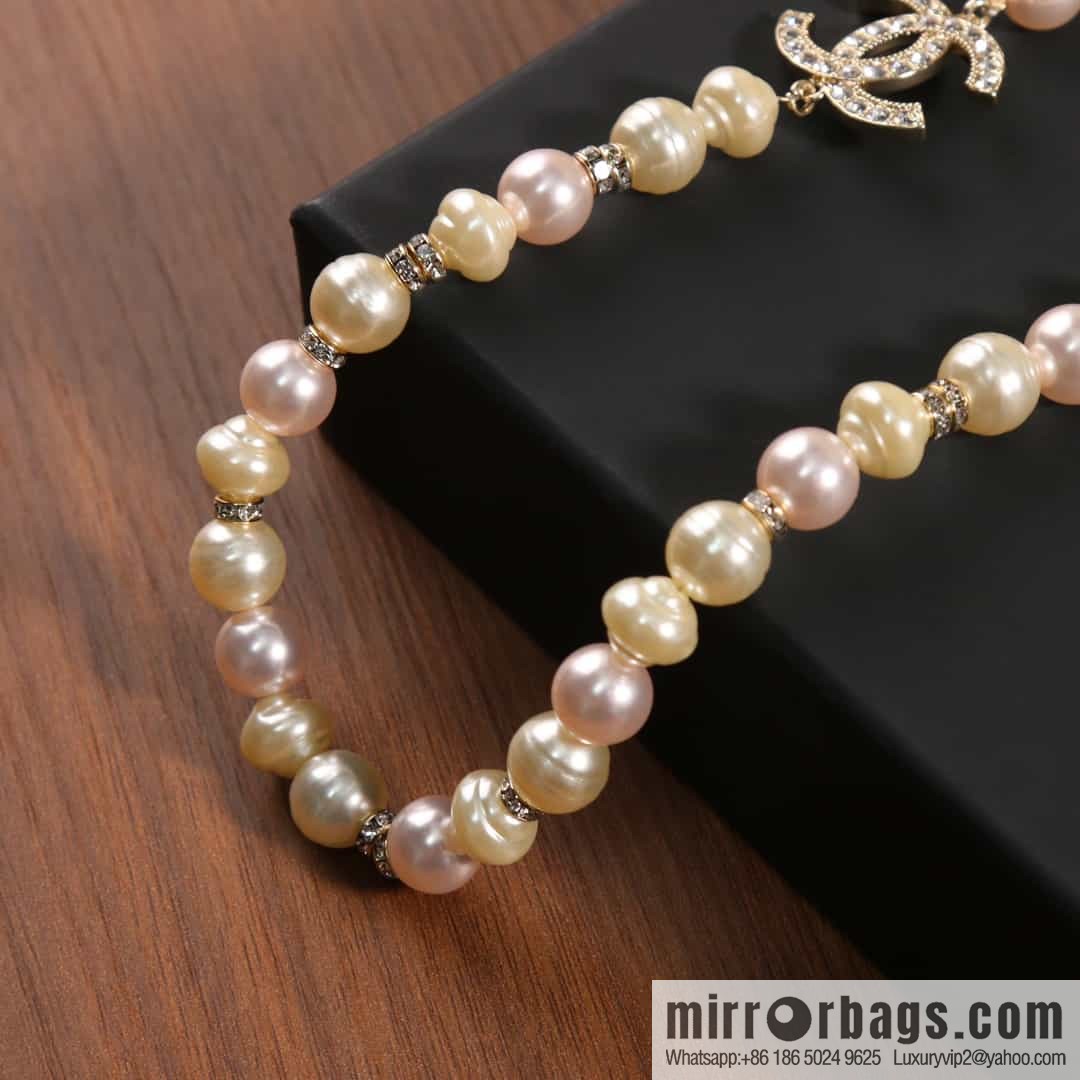 New ☑️ Chanel Full Diamond Double C Natural Pearl Necklace Sweater Chain