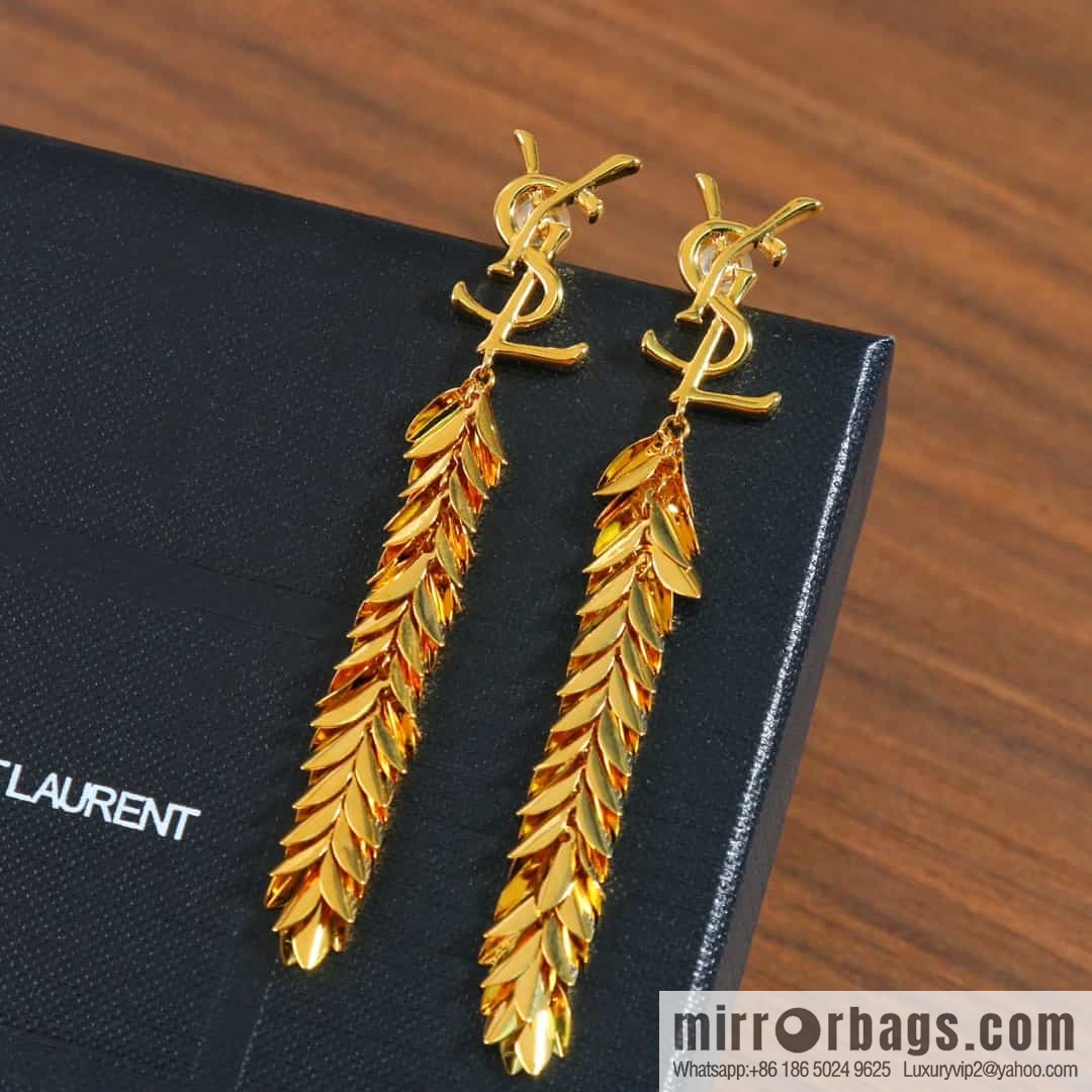 Saint Laurent YSL gold fringed leaf stud earrings